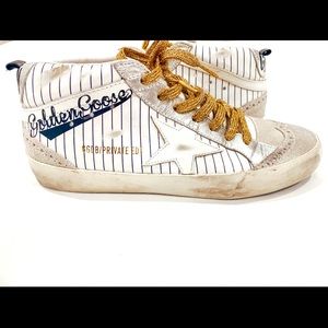 Golden Goose White Midstar Baseball Logo Pinstripe Sneakers